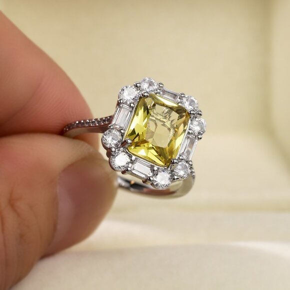 ▶Radiant Yellow Zircon Sumptuous Silver Luxury Rings Women, K924 - Picture 3 of 8